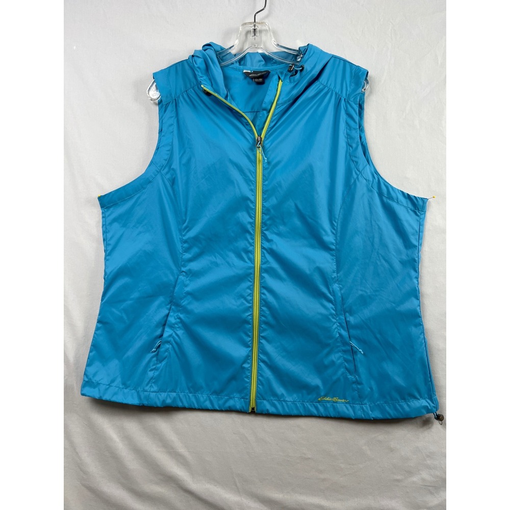 Eddie Bauer Windbreaker Vest Women 2XL Blue Hooded Full Zip Ripstop Nylon
